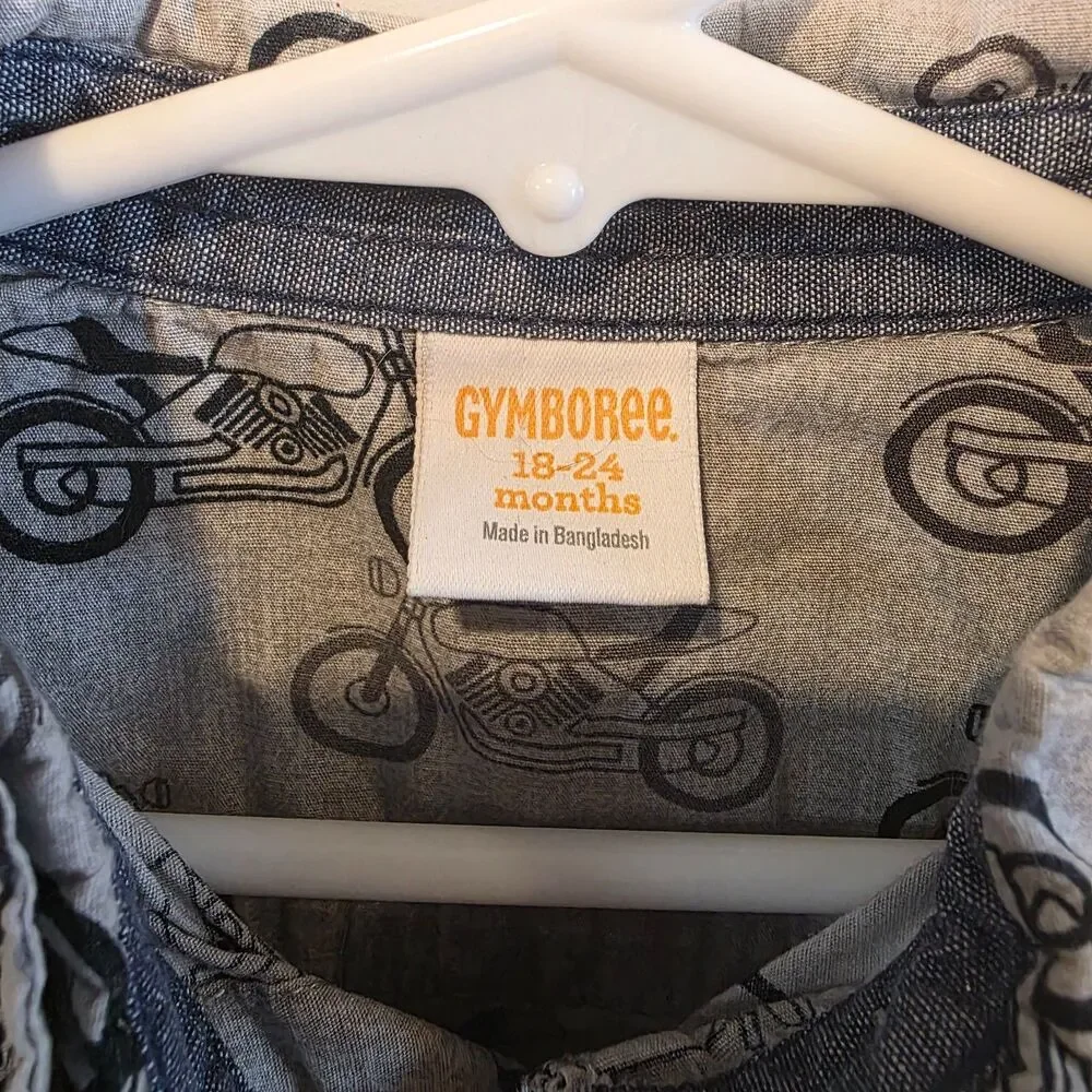 Gymboree Motorcycle Button Up Shirt Boys 18-24 Months Gray Long Sleeve